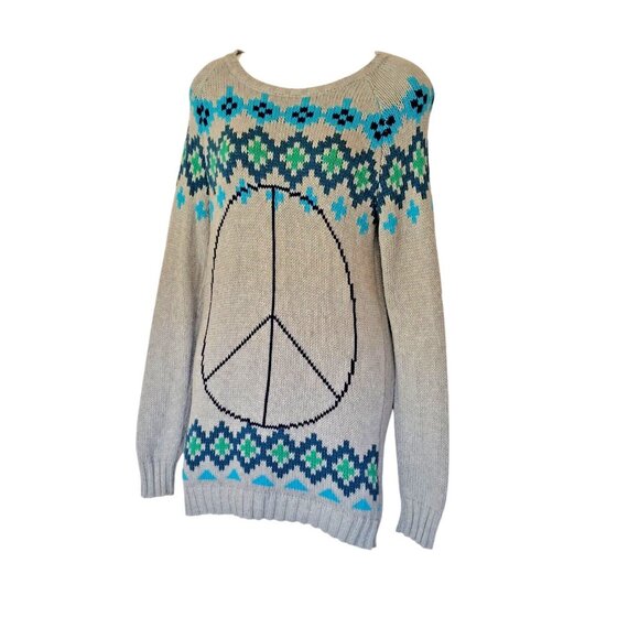 Old Navy Sweater Tunic Girls XL Grey Peace Sign Round Neck Pull Over Ribbed Hem - Picture 3 of 7